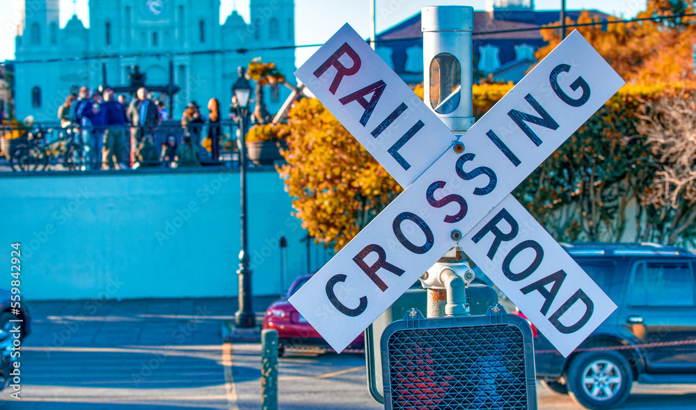 Obraz premium New Orleans railroad crossing street sign, Louisiana