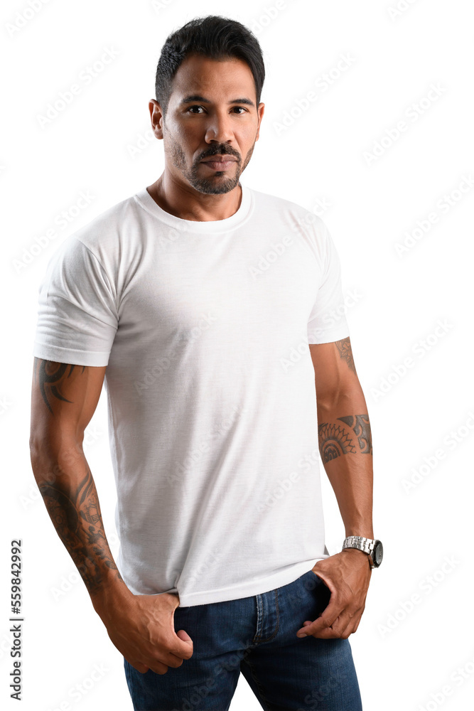 Fototapeta premium man wearing white t-shirt and jeans with his hands in his pockets 