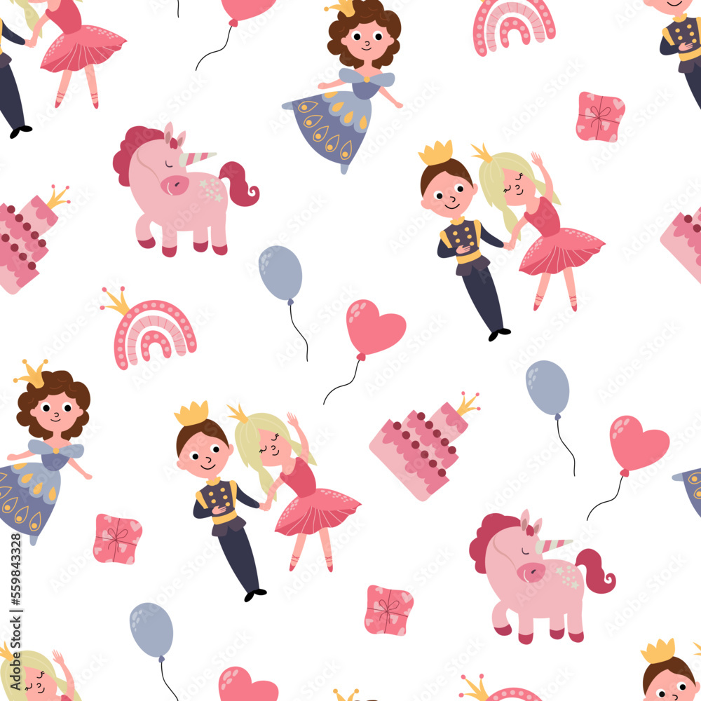 Seamless pattern for children's room. Princesses, princes, rainbows and unicorns. Design for fabric, textile, wallpaper, packaging, nursery.	
