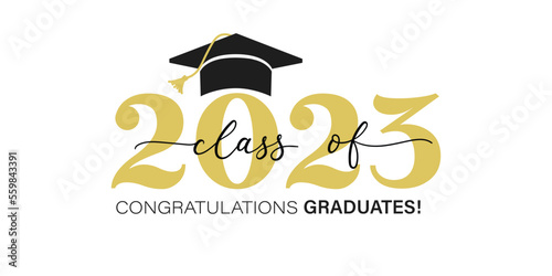 Class of 2023. Congratulation graduates flat style design template. Graduation ceremony Vector illustration photo