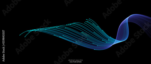 Vector abstract light lines wavy flowing dynamic in blue green colors isolated on black background for concept of AI technology, digital, communication, 5G, science, music © korkeng