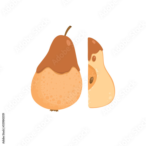Baked caramelized pear. Sweet fruit dessert with caramel, honey, winter spices. Christmas seasonal yummy food. Homemade eating. Flat vector illustration isolated on white background