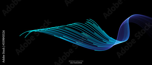 Vector abstract light lines wavy flowing dynamic in blue green colors isolated on black background for concept of AI technology, digital, communication, 5G, science, music