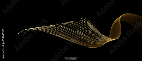Vector wave lines smooth flowing dynamic gold gradient light isolated on black background for concept of luxury, technology, digital, communication, science, music