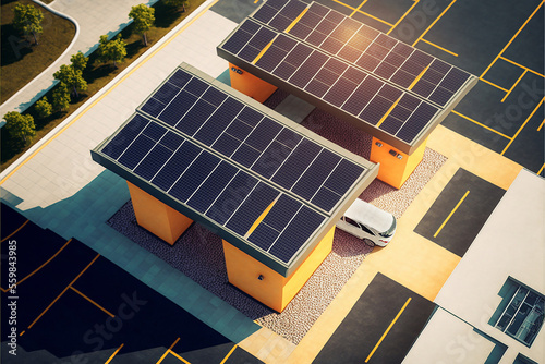 Generative AI illustration of standalone electric vehicle charging station with solar panels photo
