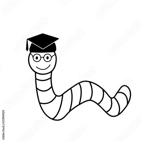 Outline drawing of a cute cartoon worm wearing a square academic cap and tie