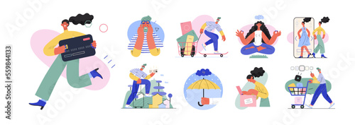 Online shopping and electronic commerce illustrations set - modern flat vector concept illustration of people and objects on online shopping. Promotion, discounts, sale and online orders concept