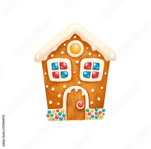 Gingerbread house with christmas decorations isolated on a white background. Watercolor illustration. Candies, cinnamon, dried oranges
