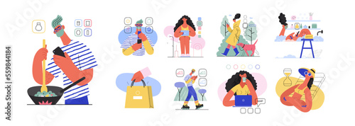 Online shopping and electronic commerce illustrations set - modern flat vector concept illustration of people and objects on online shopping. Promotion, discounts, sale and online orders concept