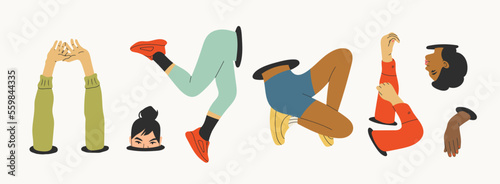 Human parts stick out from the hole, hatch or loop. Legs, hands, head, arm. Divided female human body. Teleport, fashion concept. Hand drawn trendy Vector illustration. Isolated design elements