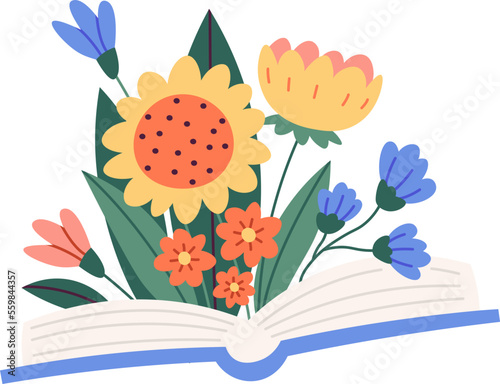 Open book with flowers flat icon Floral decor Wildflowers bouquet