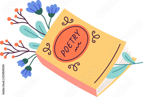 Poetry book with flowers flat icon Floral decor Wildflowers bouquet