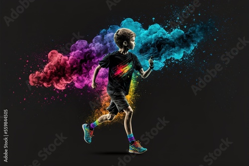 Boy runs with smoke_flare on black background © Анастасия Птицова