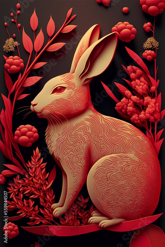 Happy chinese new year 2023 year of the rabbit zodiac sign with flower,lantern,asian elements gold paper cut style on color Background.generative ai.