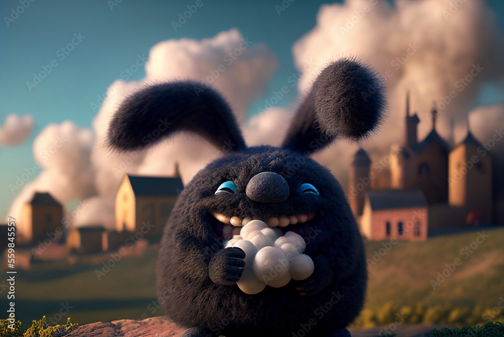 Happy black rabbit eating clouds. Symbol of 2023 - black rabbit ...