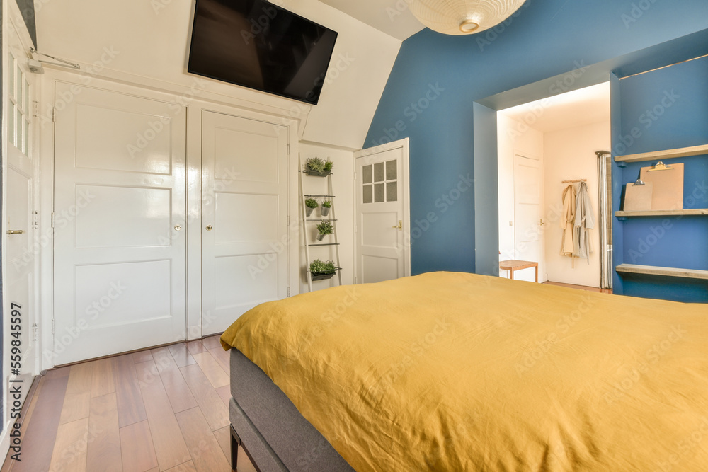 Bedroom interior with blue walls Stock Photo | Adobe Stock