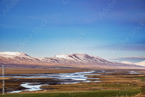 Typical autumn landscape with the first snow in the north of Iceland