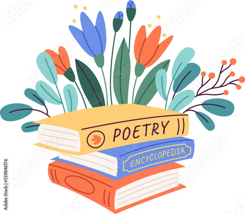 Books with flowers flat icon Floral decor Wildflowers bouquet