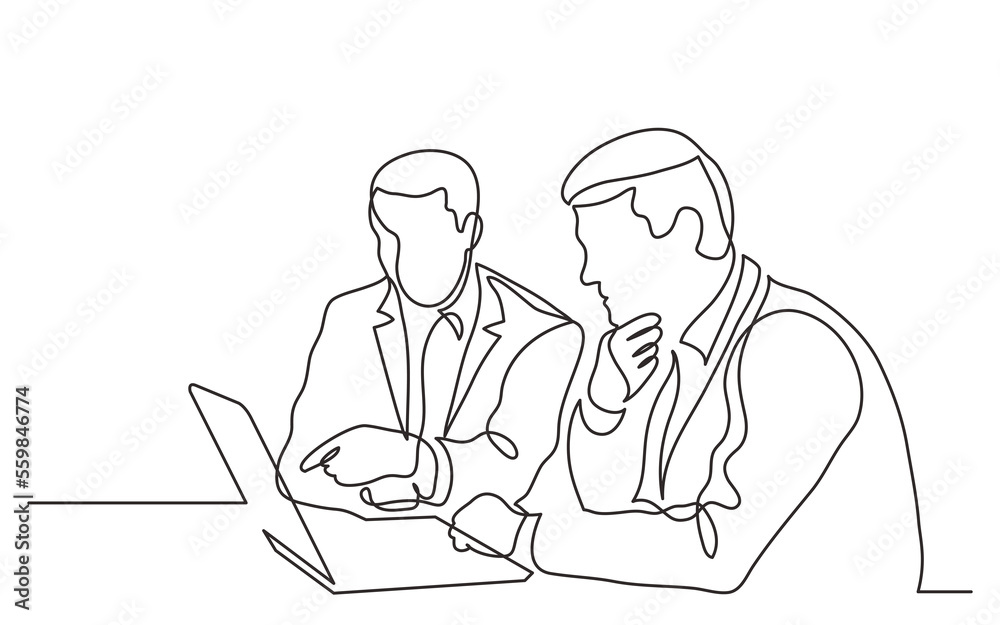 two businessmen discuss work project on laptop computer screen during metting continuous line drawing PNG image with transparent background two businessmen discuss work project on laptop computer screen during metting continuous line drawing PNG image with transparent background