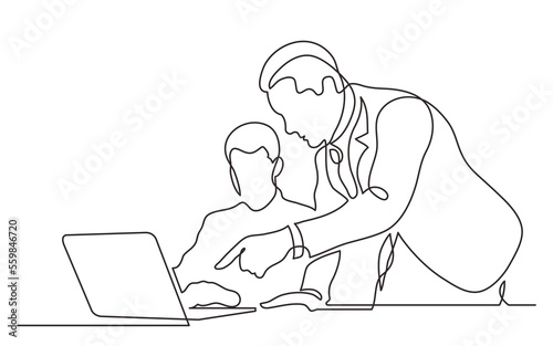 business execitive shows work directions to office worker on laptop computer continuous line drawing PNG image with transparent background photo