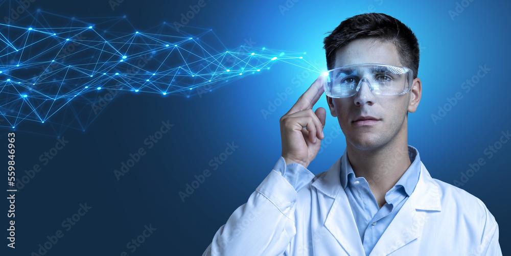 © Paulista - Lab specialist touching futuristic holographic eyeglasses projecting virtual screen. Concept of emerging technologies in STEM scope. © Paulista - Lab specialist touching futuristic holographic eyeglasses projecting virtual screen. Concept of emerging technologies in STEM scope.