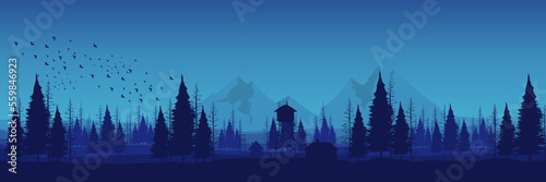 spring sunrise in the mountains with forest and cottage silhouette vector flat design illustration good for wallpaper  background  backdrop  banner  print  and design template