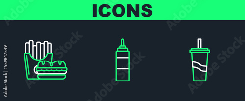Set line Paper glass with drinking straw and water, Burger french fries carton package box and Sauce bottle icon. Vector