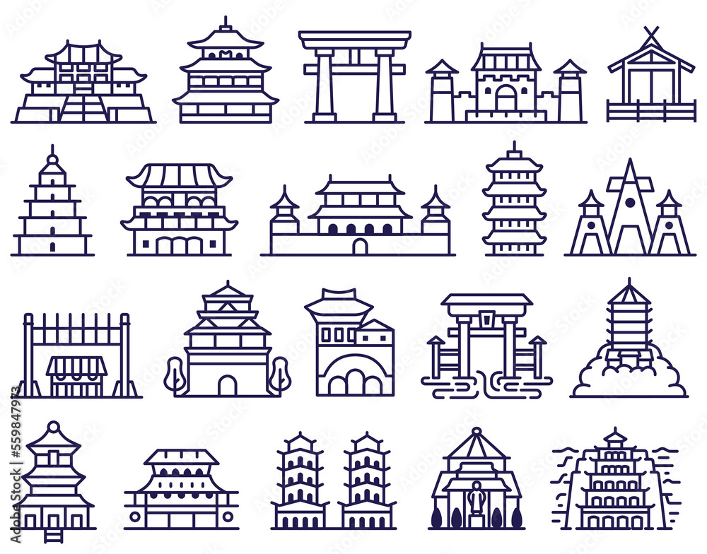 Traditional Asian Palaces and Temples Line Icons