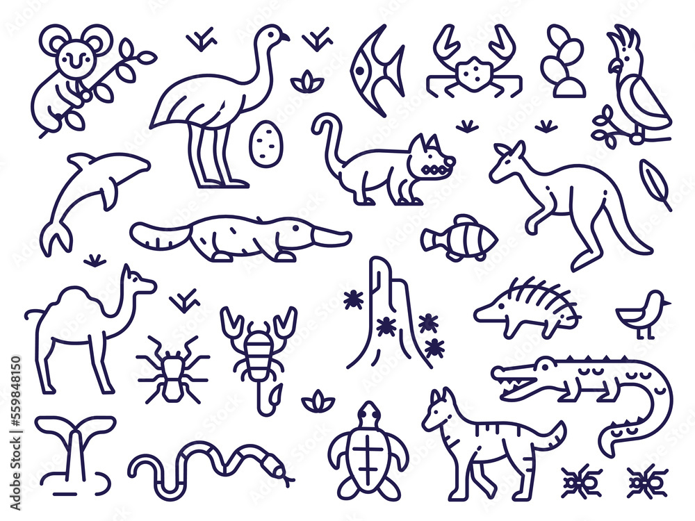 Australia Animals and Birds Line Art Icons