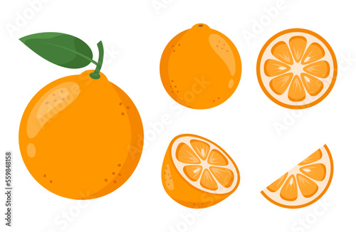 Cartoon illustrations of ripe fresh orange. Whole citrus and slices set. Organic fruits theme. Vector illustration isolated on white background. 