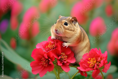 A fat-tailed gerbil creeps over a crimson blossom, endearing us with its cuteness. Generative AI photo