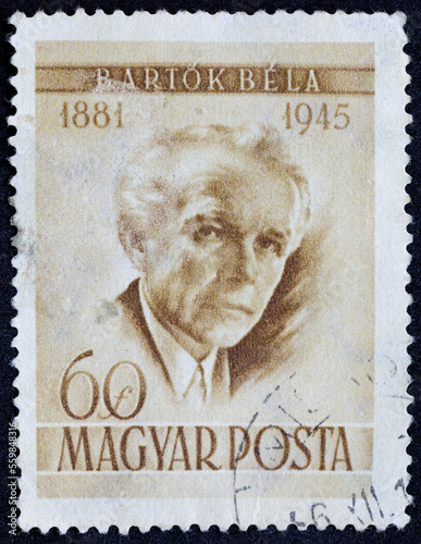 HUNGARY - CIRCA 1966: Postage stamp 60 forints printed in the Hungary shows Portrait of ethnomusicologist Bela Bartok 1881-1945. Post stamp series devoted to Hungarian composer and pianist. photo