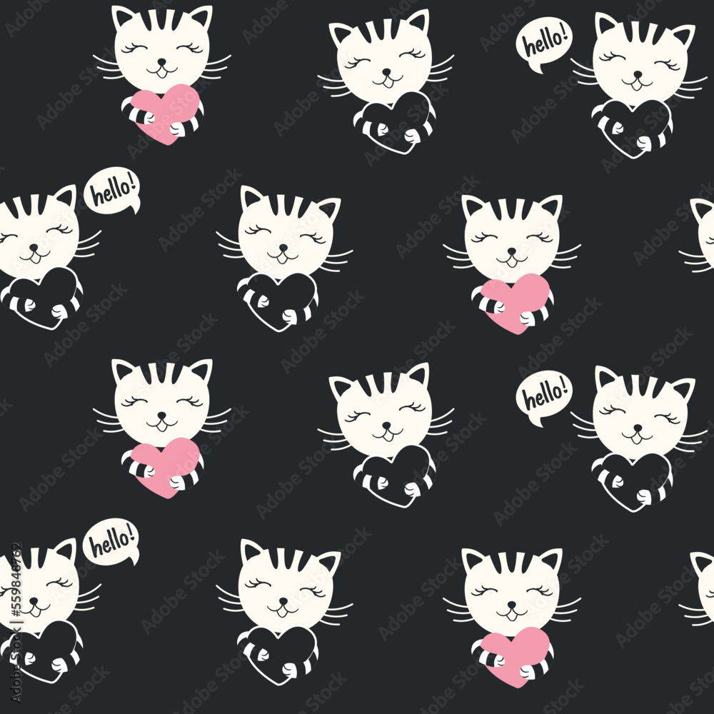 DOODLE CAT, KITTEN WITH PINK HEART SEAMLESS PATTERN IN EDITABLE FILE