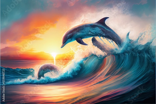 dolphins jumping in waves. Generative AI © Pixel Matrix