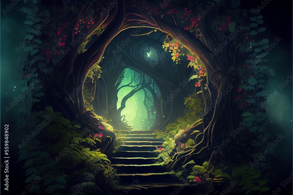 End of a tunnel to a Dark Mystical stairs in a fairy fantasy forest. Digital illustration. Generative AI