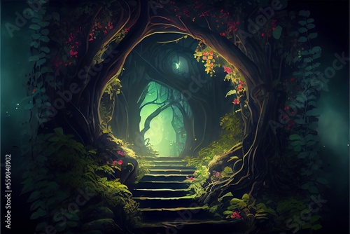 End of a tunnel to a Dark Mystical stairs in a fairy fantasy forest. Digital illustration. Generative AI