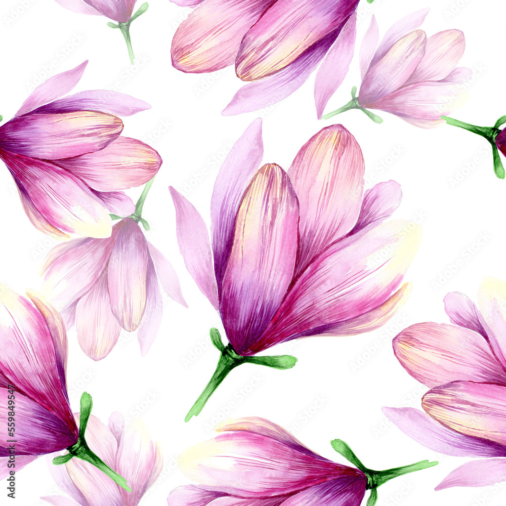 Watercolor magnolia in a seamless pattern. Can be used as fabric, wallpaper, wrap.