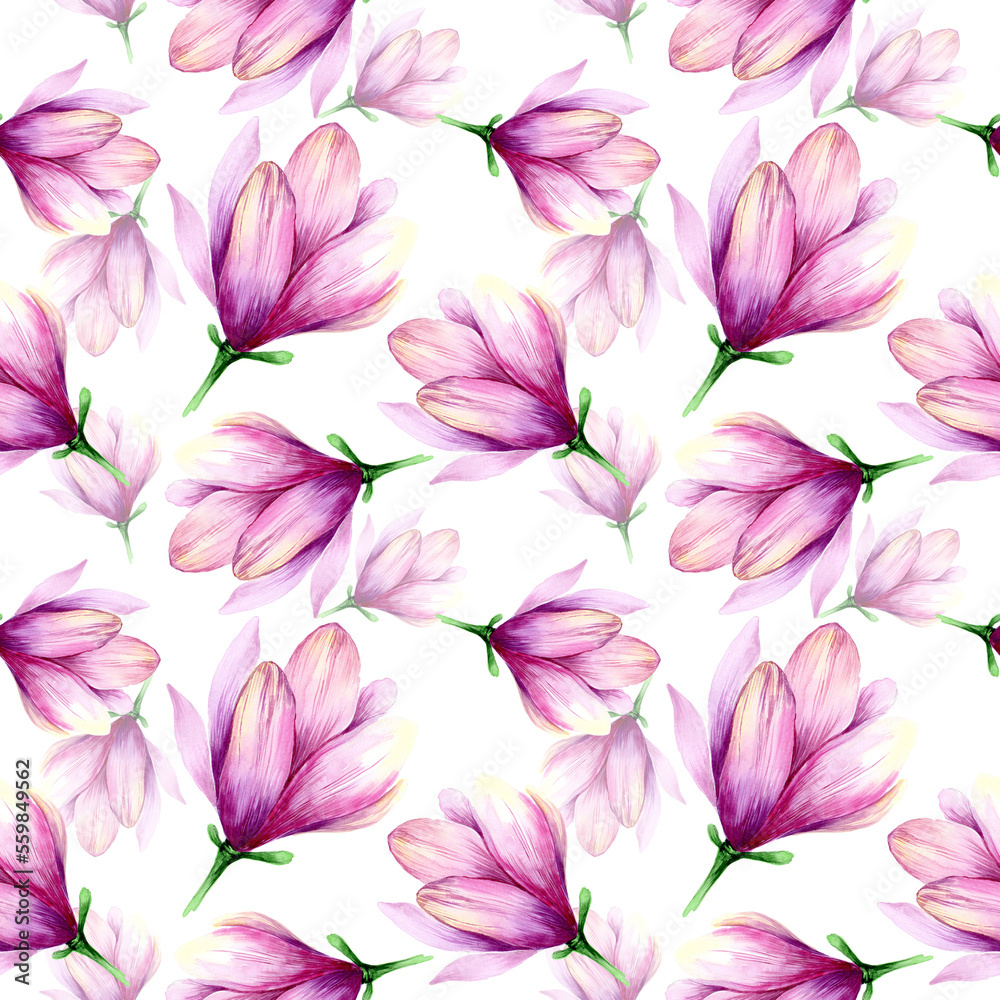 Watercolor magnolia in a seamless pattern. Can be used as fabric, wallpaper, wrap. Watercolor magnolia in a seamless pattern. Can be used as fabric, wallpaper, wrap.