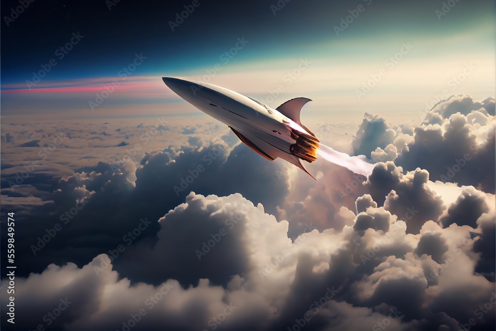 Fototapeta premium Hypersonic rocket flies above the clouds. Generative AI