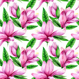 
Watercolor magnolia with leaves in a seamless pattern. Can be used as fabric, wallpaper, wrap.