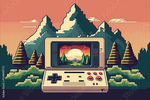 Old video game console, 80s, retro, 8 bit, with landscape in the background. Digital illustration AI photo