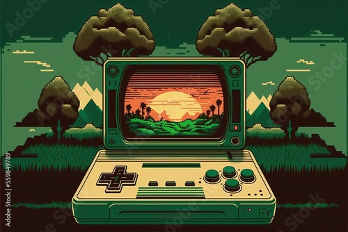 Old video game console, 80s, retro, 8 bit, with landscape in the background. Digital illustration AI photo