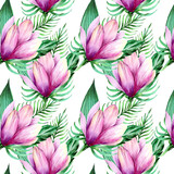
Watercolor magnolia with leaves in a seamless pattern. Can be used as fabric, wallpaper, wrap.