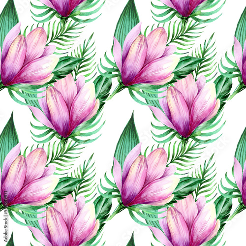  Watercolor magnolia with leaves in a seamless pattern. Can be used as fabric, wallpaper, wrap.