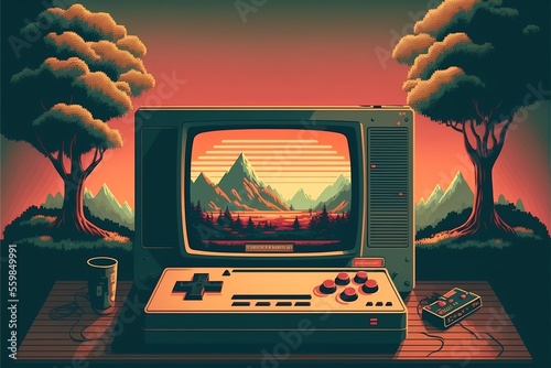 Old video game console, 80s, retro, 8 bit, with landscape in the background. Digital illustration AI photo