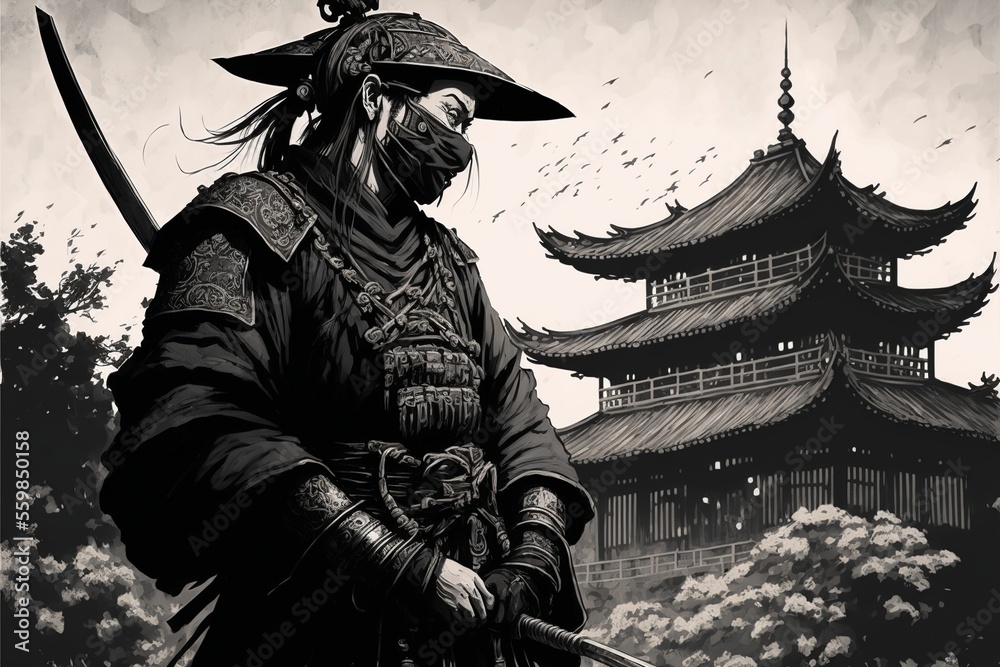 Obraz premium Samurai warrior with katana sword, temple in background. AI digital illustration