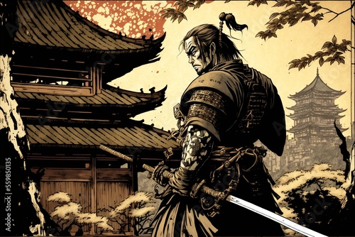 Samurai warrior with katana sword  temple in background. AI digital illustration
