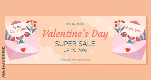 Valentines Day horizontal Super Sale banner template design. Pink open envelop, words Love You red flowers green leaves beige backdrop. Special Price concept online shopping decorative clouds hearts