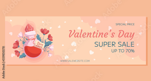 St. Valentines Day horizontal Super Sale banner template design. Love potion bottle concept illustration with red and pink flowers behind it. Special Price online shopping, decorative clouds, hearts