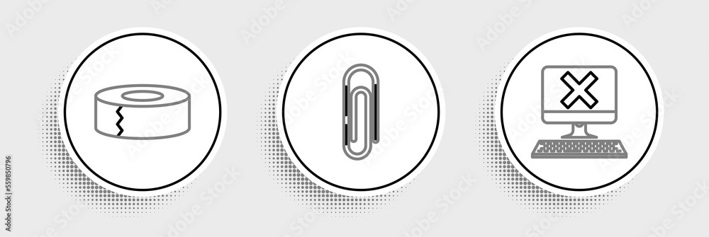 Set line Computer with keyboard and x mark, Scotch and Paper clip icon. Vector